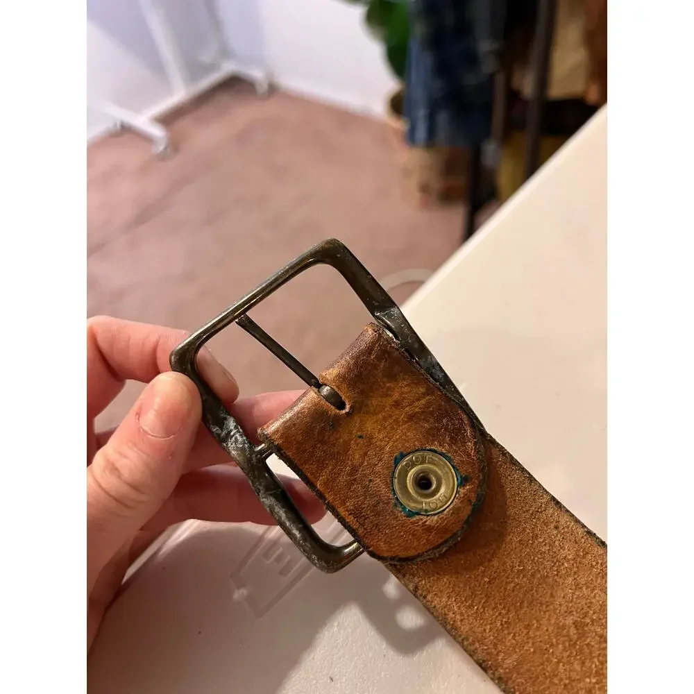 Vintage 90s Foot Print Distressed Genuine Leather Worn Buckle Belt Size Medium